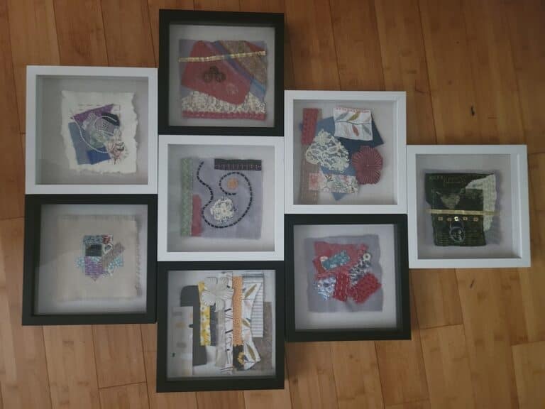 One of a kind fabric collages set in shadowbox frames