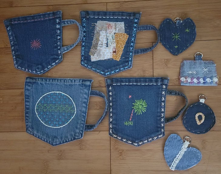 Coasters and bag charms made from upcycled jeans